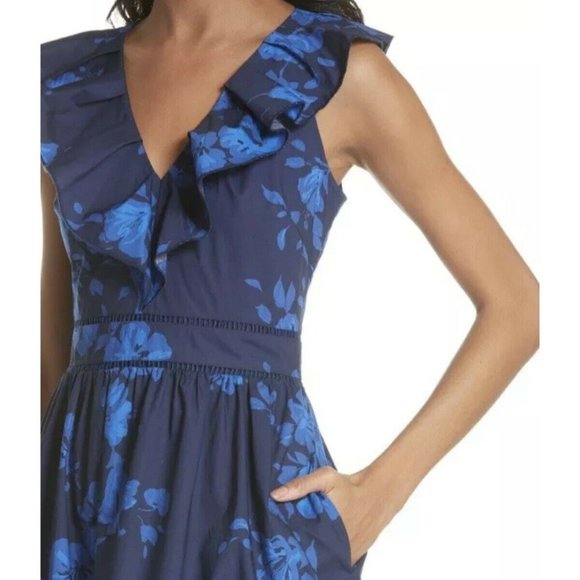 NWT Kate Spade Hibiscus Ruffle Dress 100% Cotton Navy & Blue - Size 2 - Picture 3 of 15